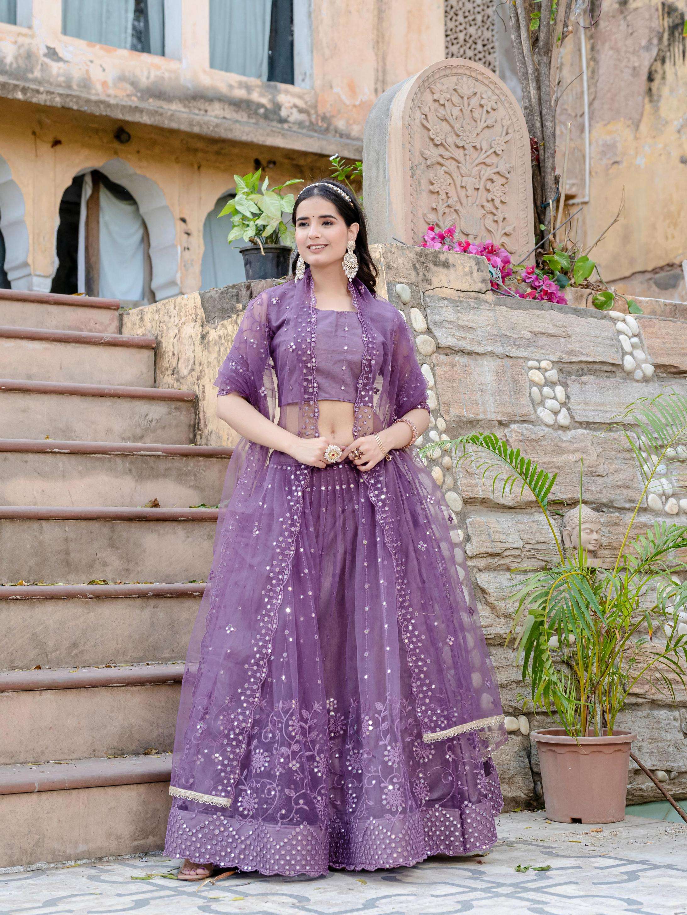 aawiya sku vol 1 lavender half saree net semi stitch lehenga unstitch blouse for womens