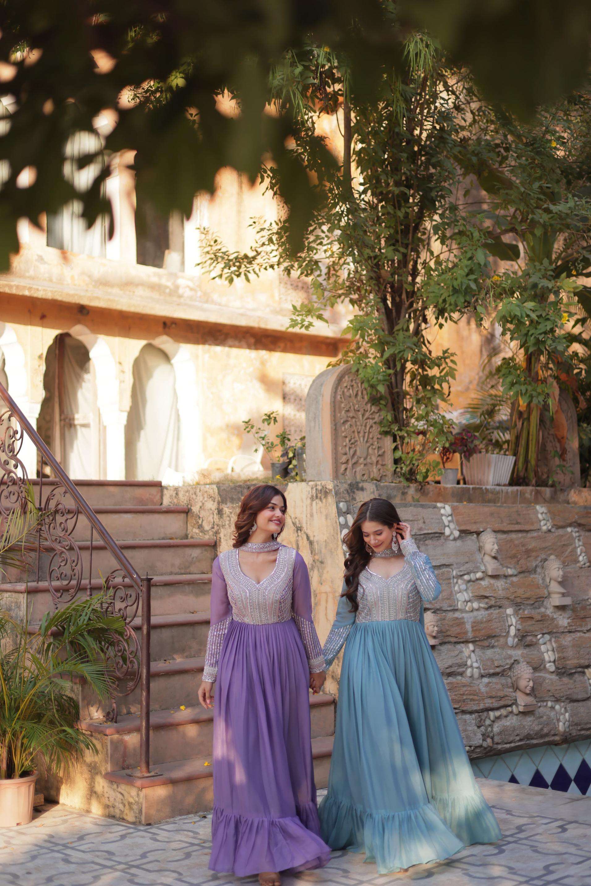 ka 1151 star georgette beads sequins work fully stitch elegance gown with dupatta