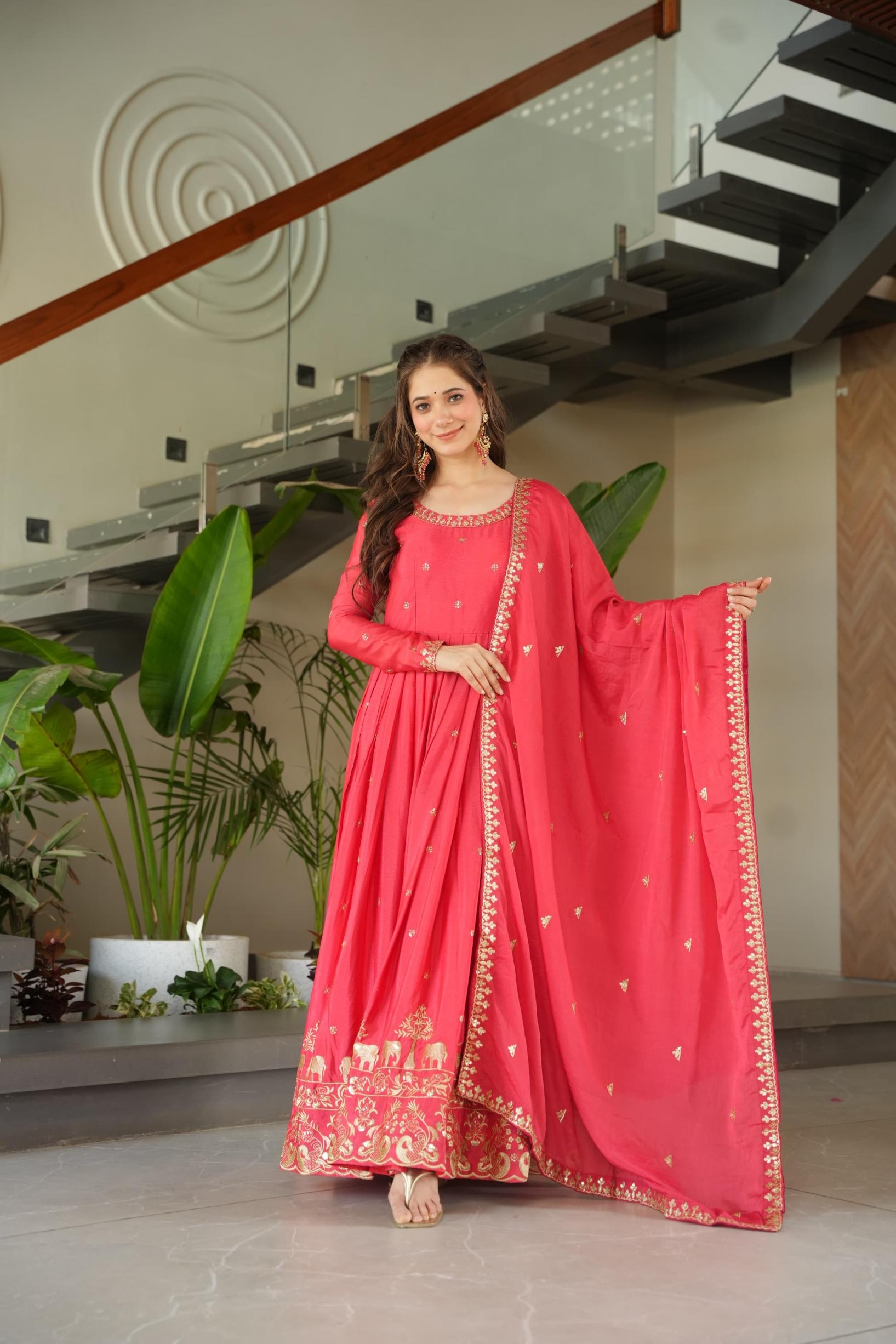 ka 1165 chinon readymade classic zari sequins work gown with dupatta