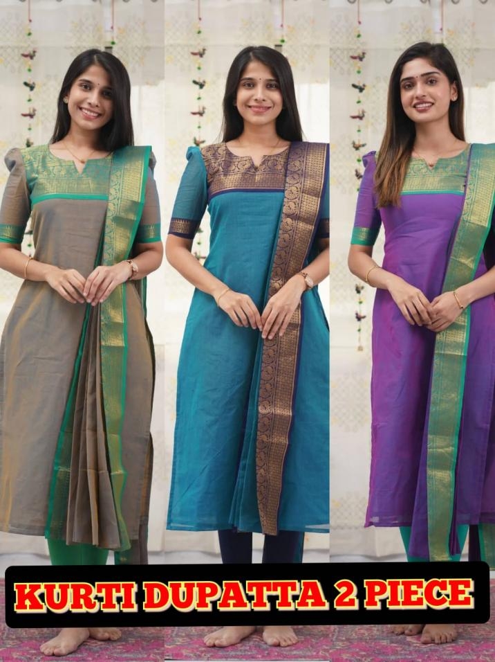 kia silk cotton party wear kurti with dupatta