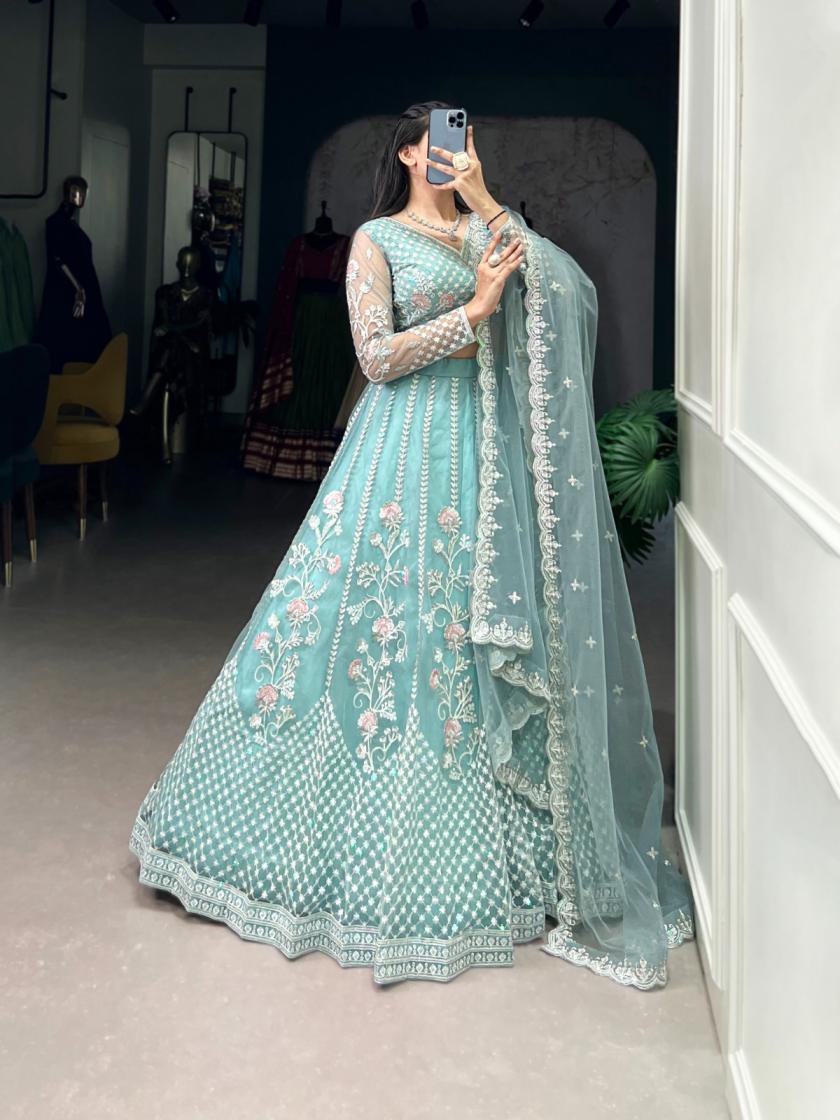 lnb1432 net thread embroidery stitch lehenga unstitch blouse for womens