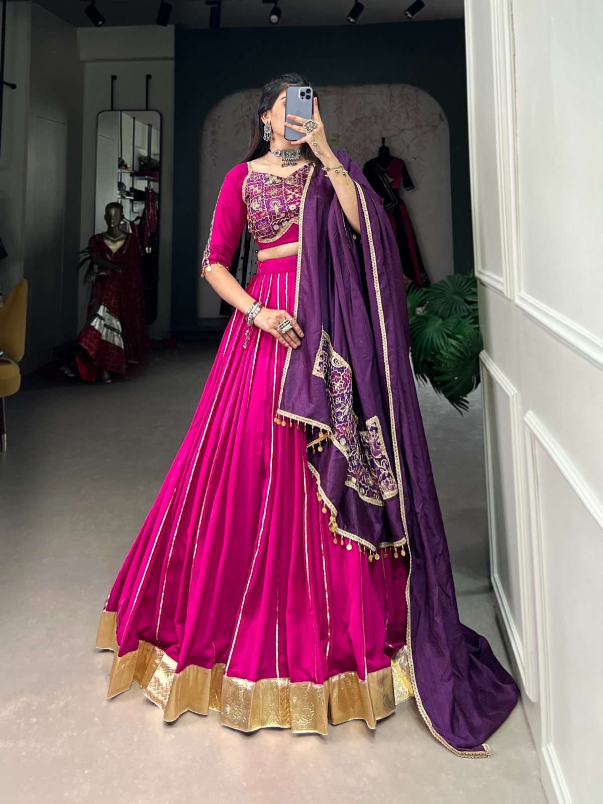 LNB1735PNK Chanderi Plain With Zari Line Gota Patti wholesale lehenga