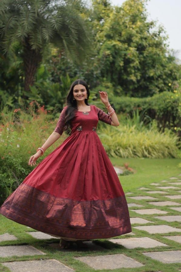 lw 9177 gorgeous look banarasi jacquard silk readymade flair gown