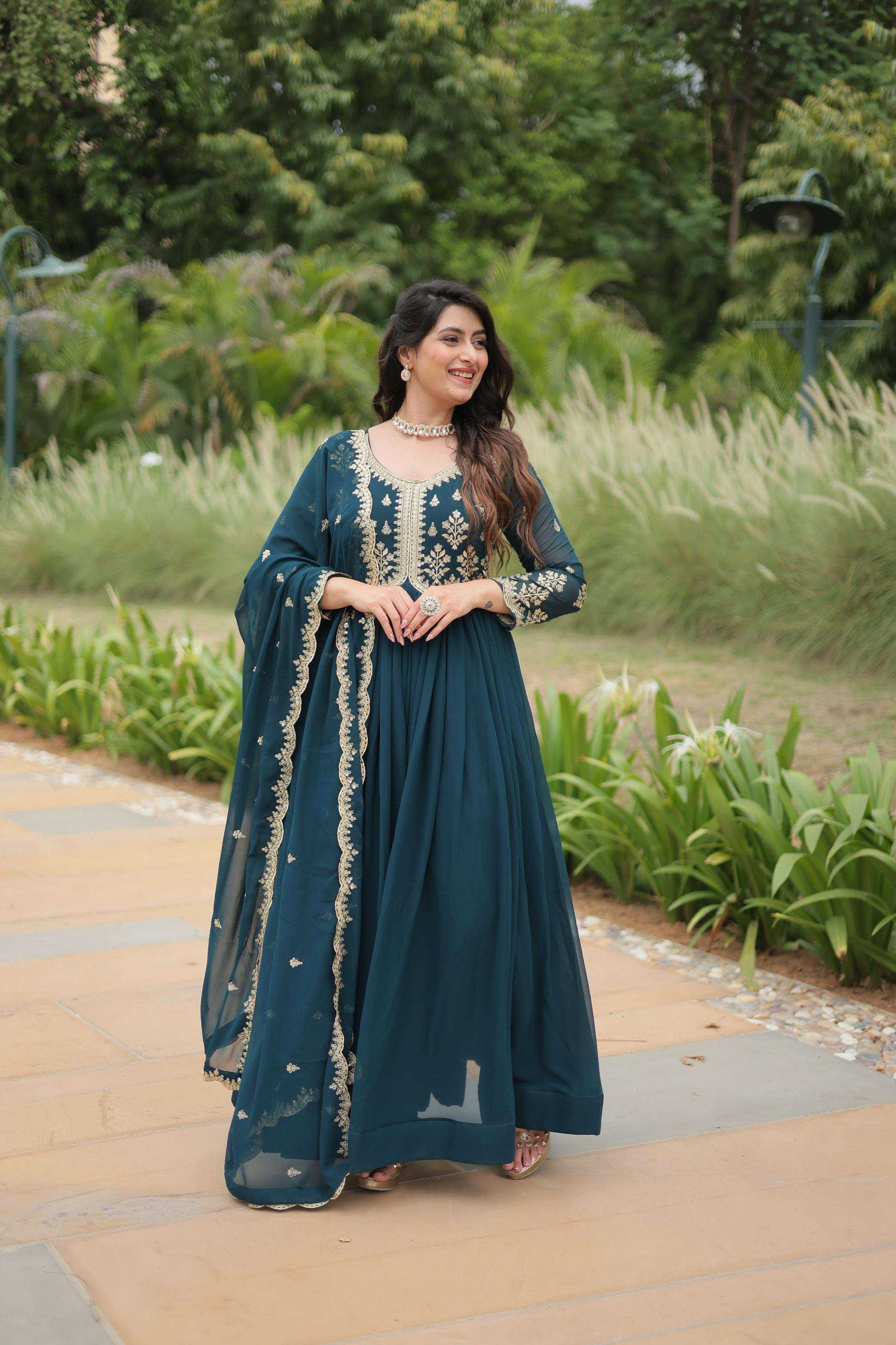 lw 9189 readymade faux blooming designer full stitch combo gown with dupatta
