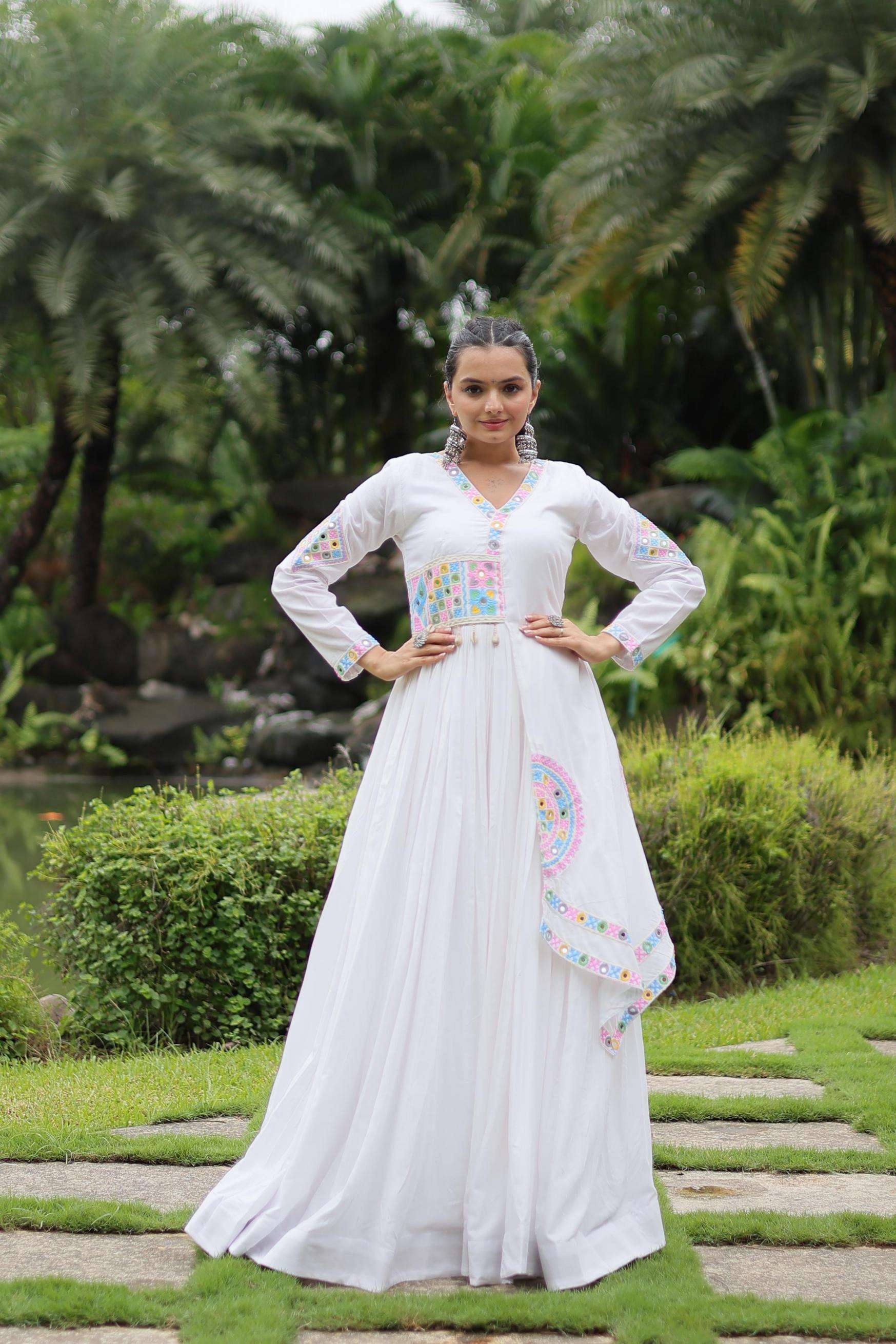 lw 9203 rayon kutchi gamthi lace readymade stylish gown with dupatta exports