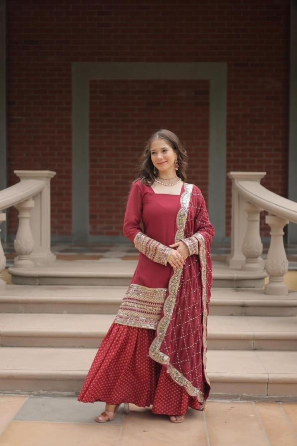 lw 9209 faux georgette readymade party wear sharara kurti with dupatta