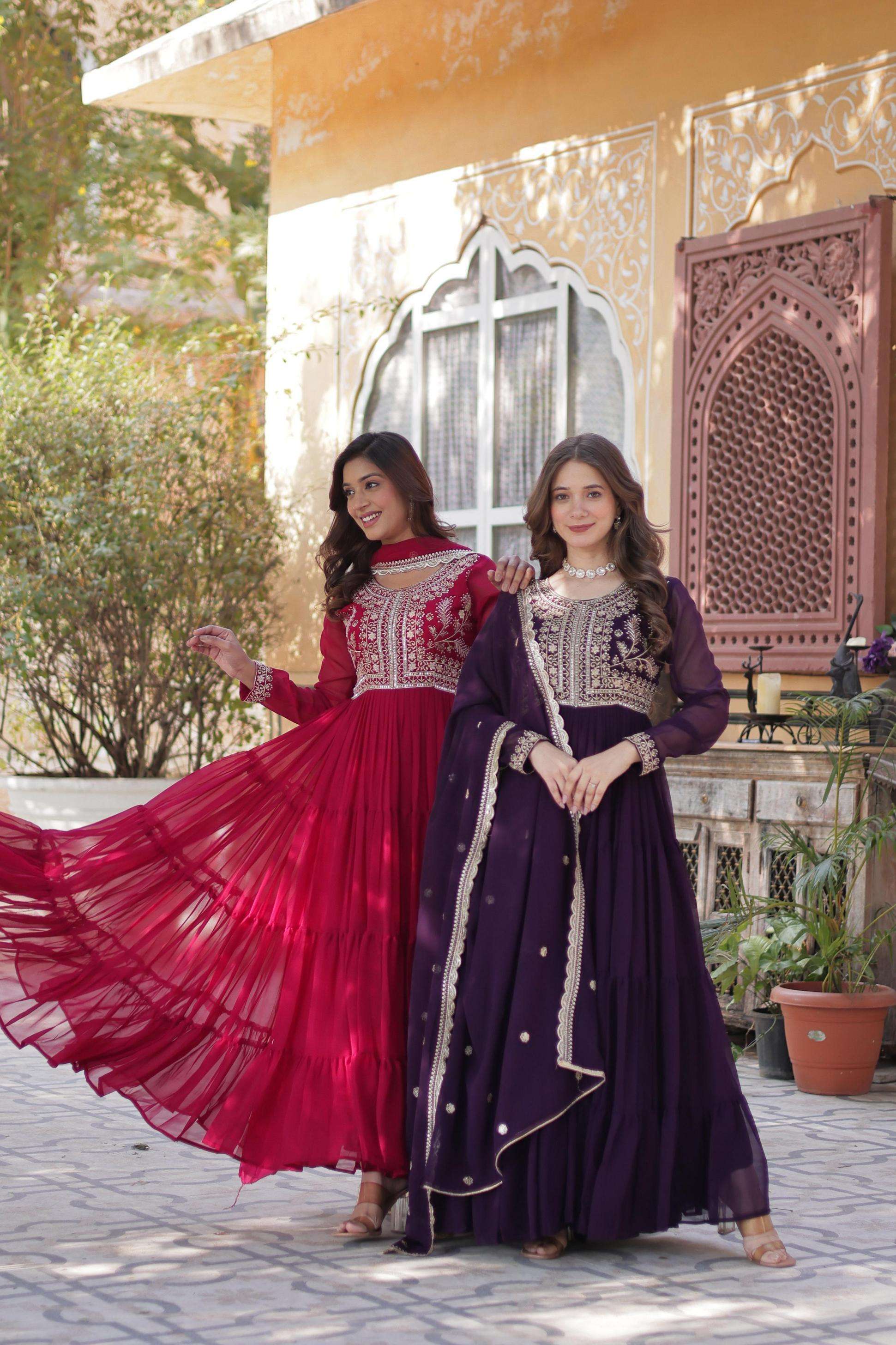 lw 9221 ethnic design readymade faux blooming georgette gown with dupatta