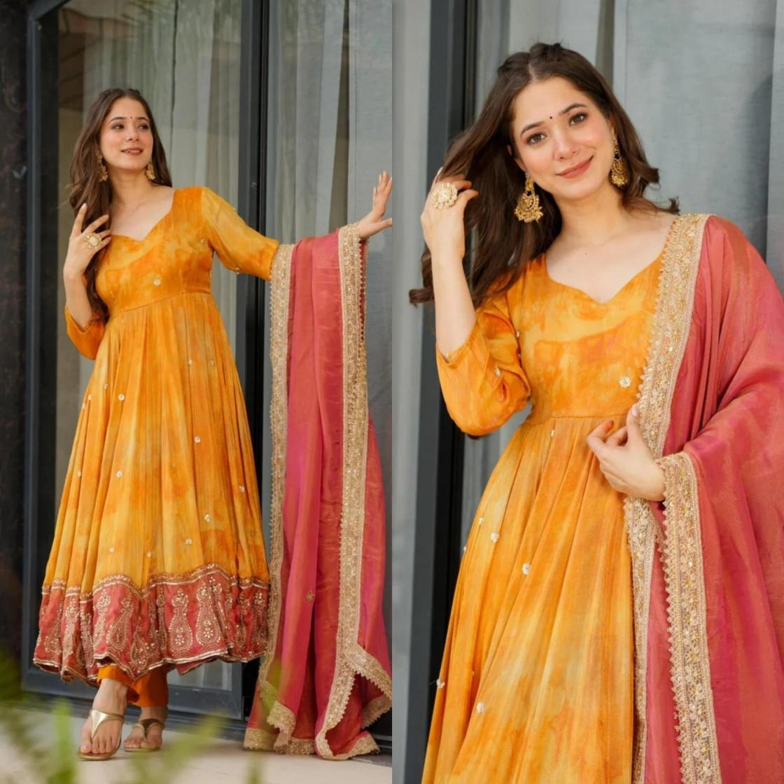 pr 5097 fully stitch chinon silk exclusive gown with dupatta online