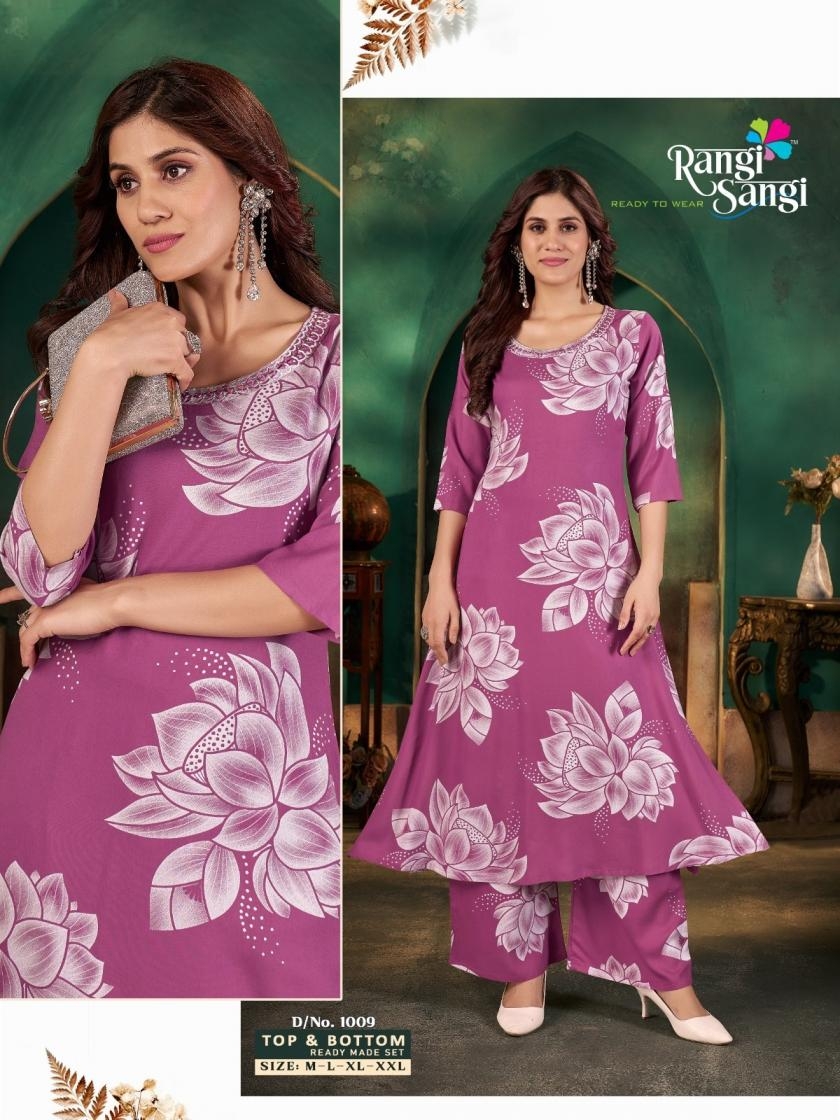 rangi sangi co-ord sets long outfits SOFT RAYON kurti with bottom