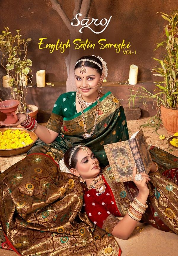 Saroj English Satin swarovski vol.1 series 1001-1006 Pure satin silk wholesale saree