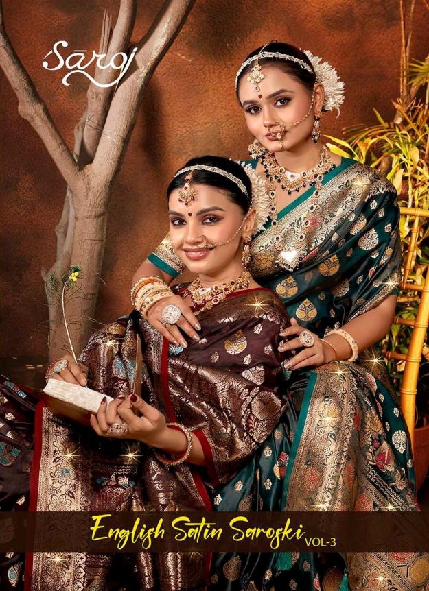 Saroj English Satin swarovski vol.3 series 1001-1006 Pure satin silk wholesale saree