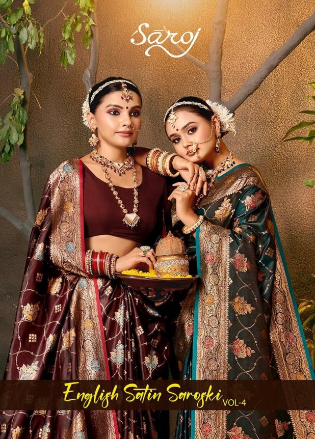 Saroj English Satin swarovski vol.4 series 1001-1006 Pure satin silk wholesale saree