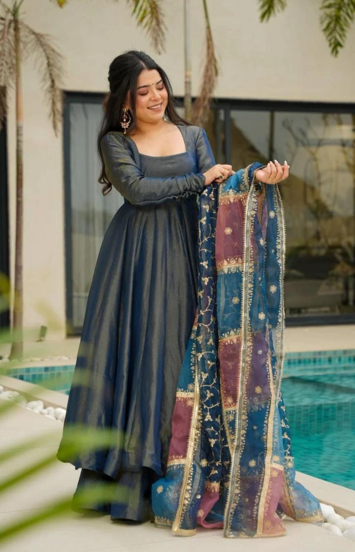 5113 hit design fully stitch roman simmer silk combo plazzo kurti with dupatta