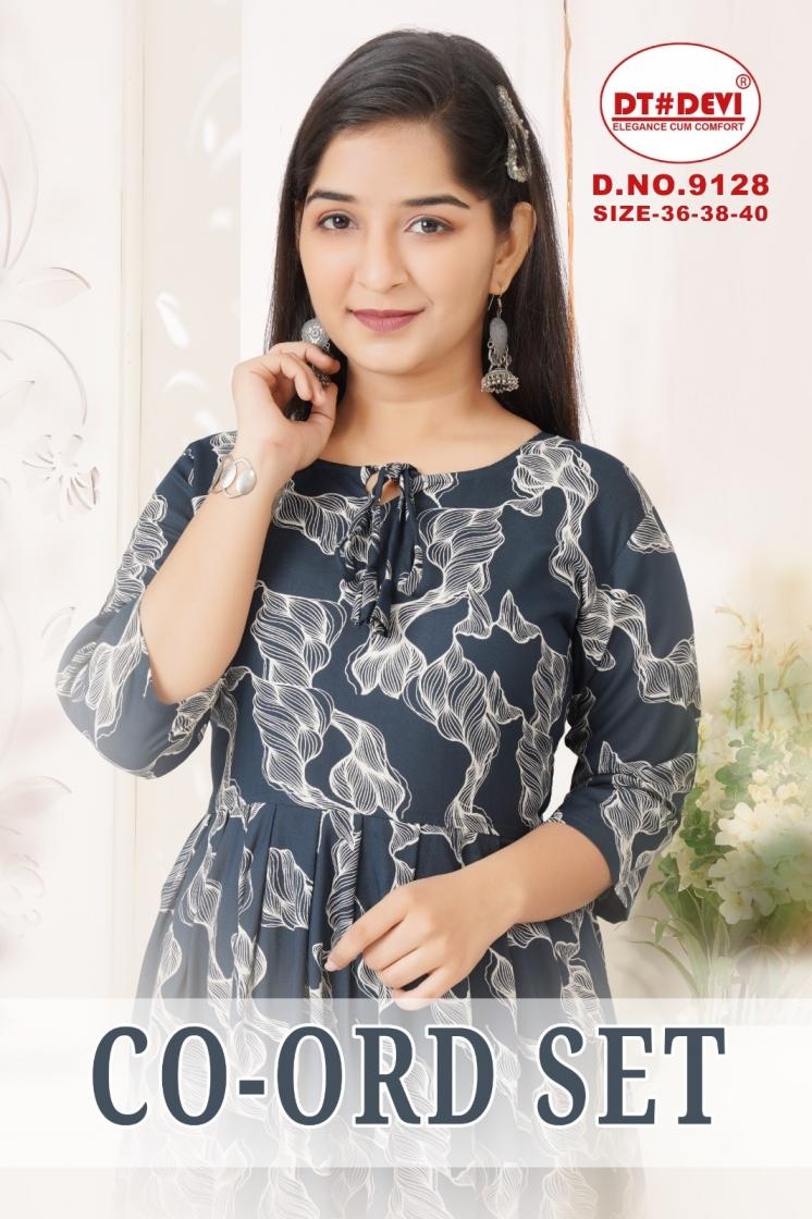 dt devi co-ord set readymade 9128 rayon stylish combo kids kurti with pant