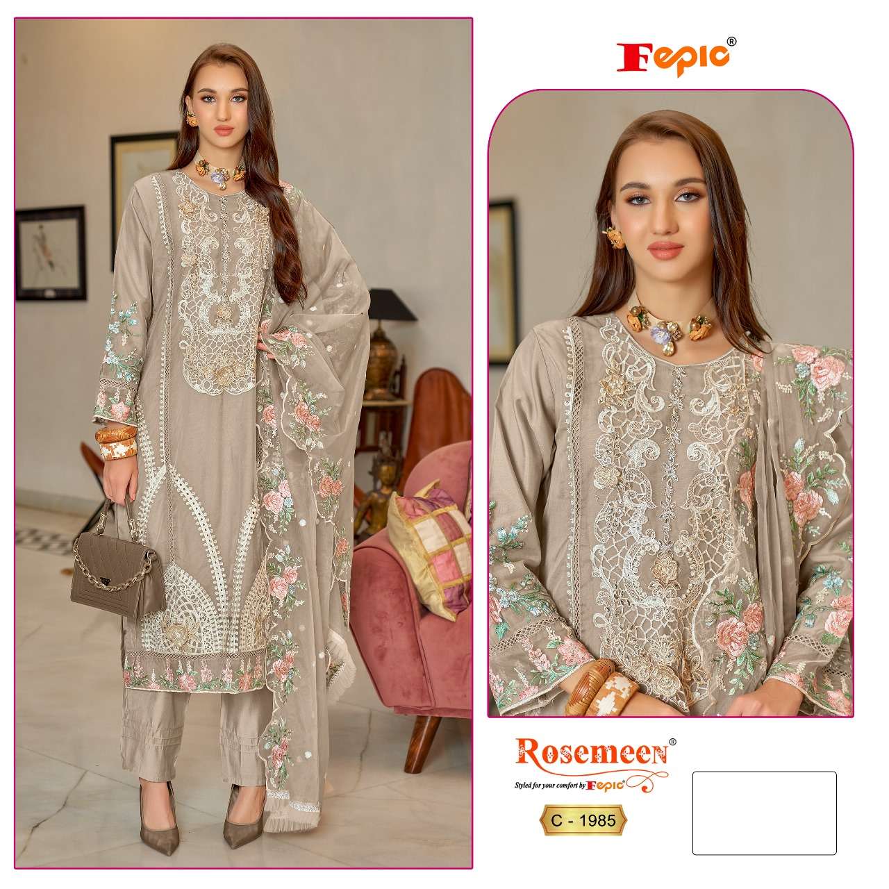 FEPIC ROSEMEEN 1985 ORGANZA EMBROIDERED WITH HAND WORK wholesale suit