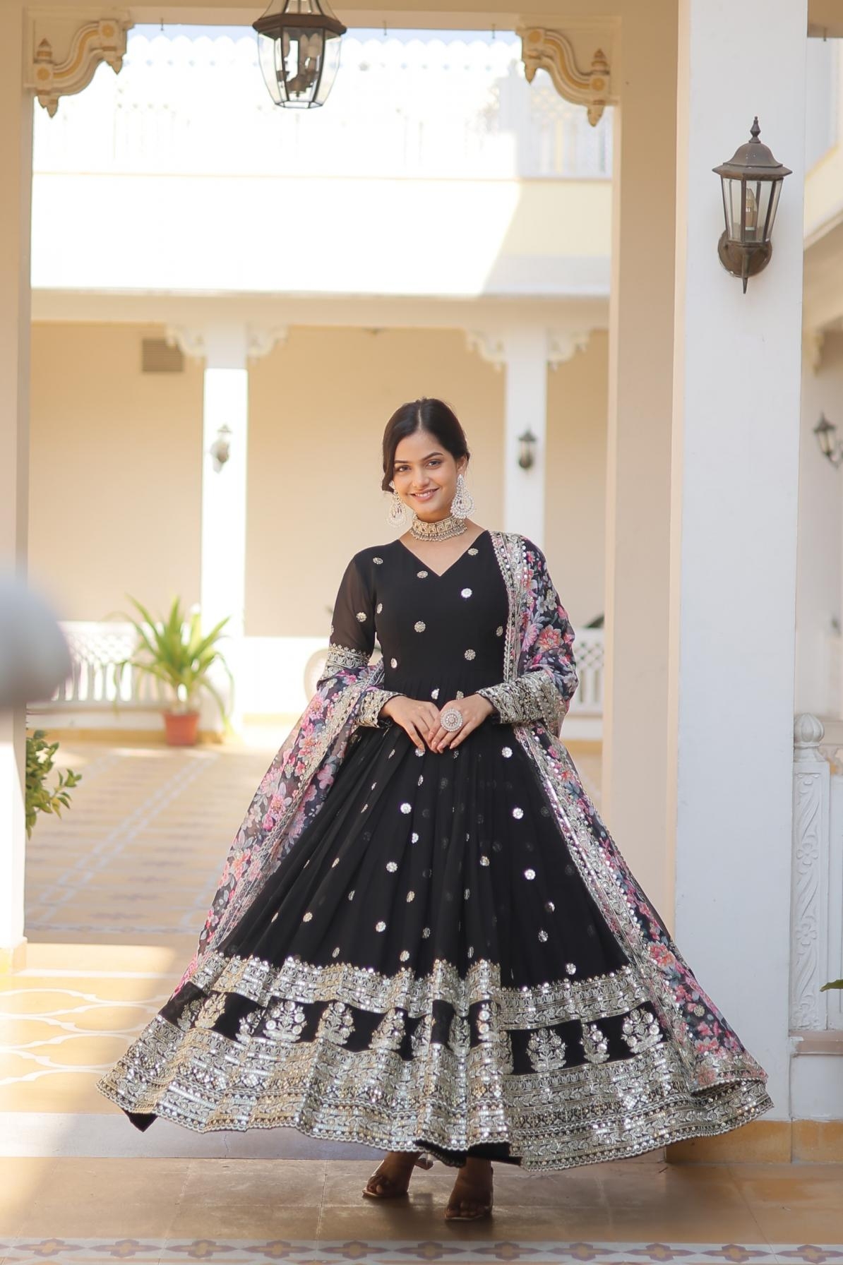 ka 1078 faux georgette exclusive zari sequins work readymade gown with dupatta
