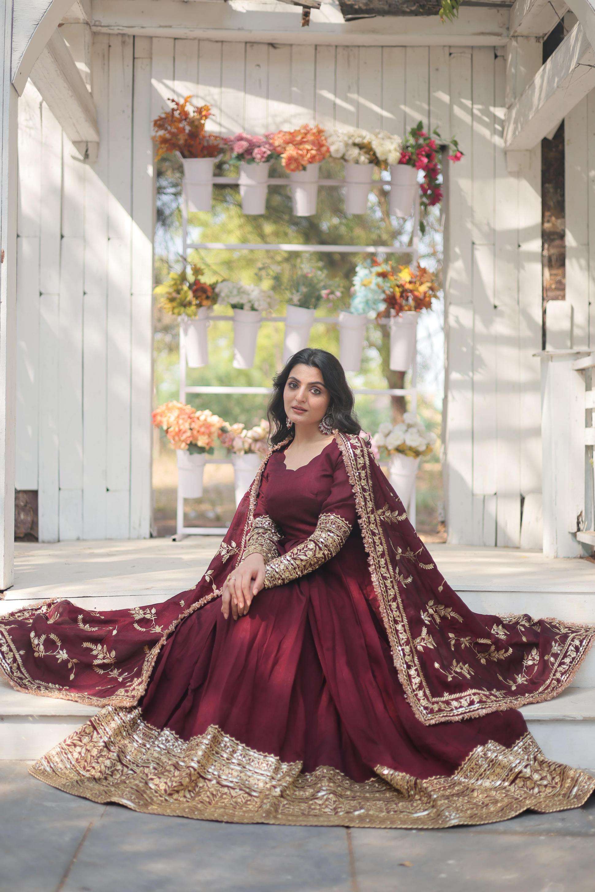 ka 1113 Vichitra Shimmer fancy v neck readymade gown