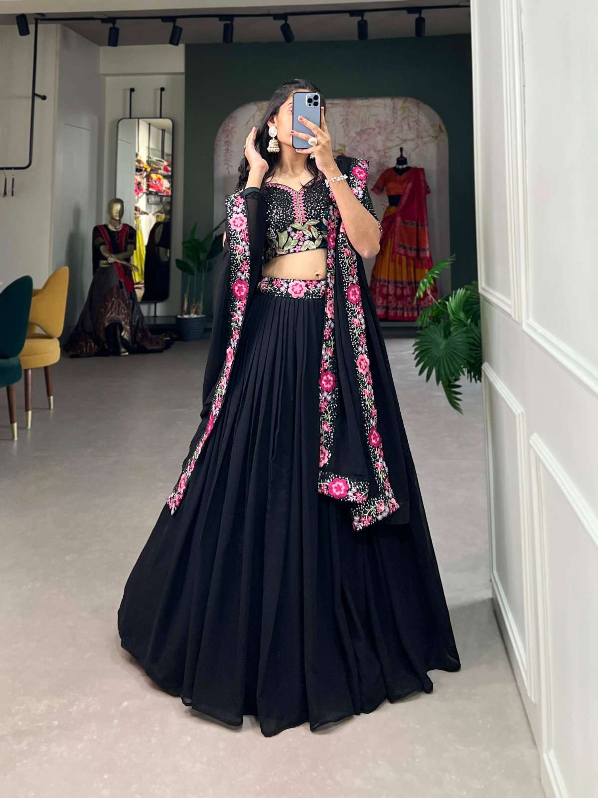 LNB1403BLK Georgette Plain With Sequins wholesale lehenga