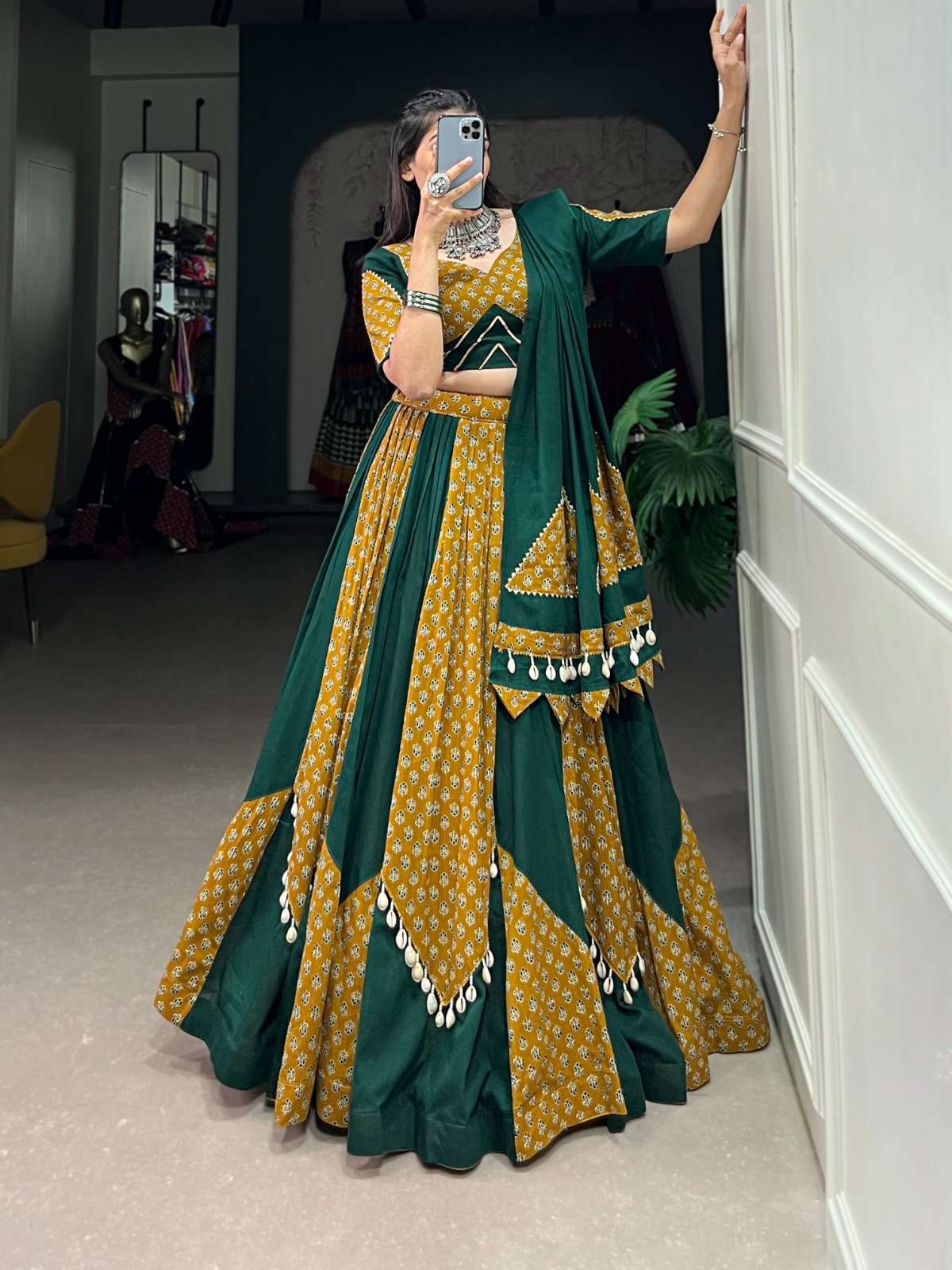 LNB1620GRN Pure Cotton Plain And Printed With Cowrie wholesale lehenga