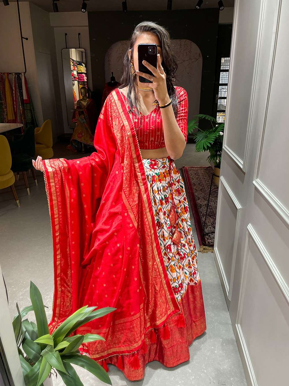 LNB1640RED Dola Silk  Patola Print with foil work patta wholesale lehenga