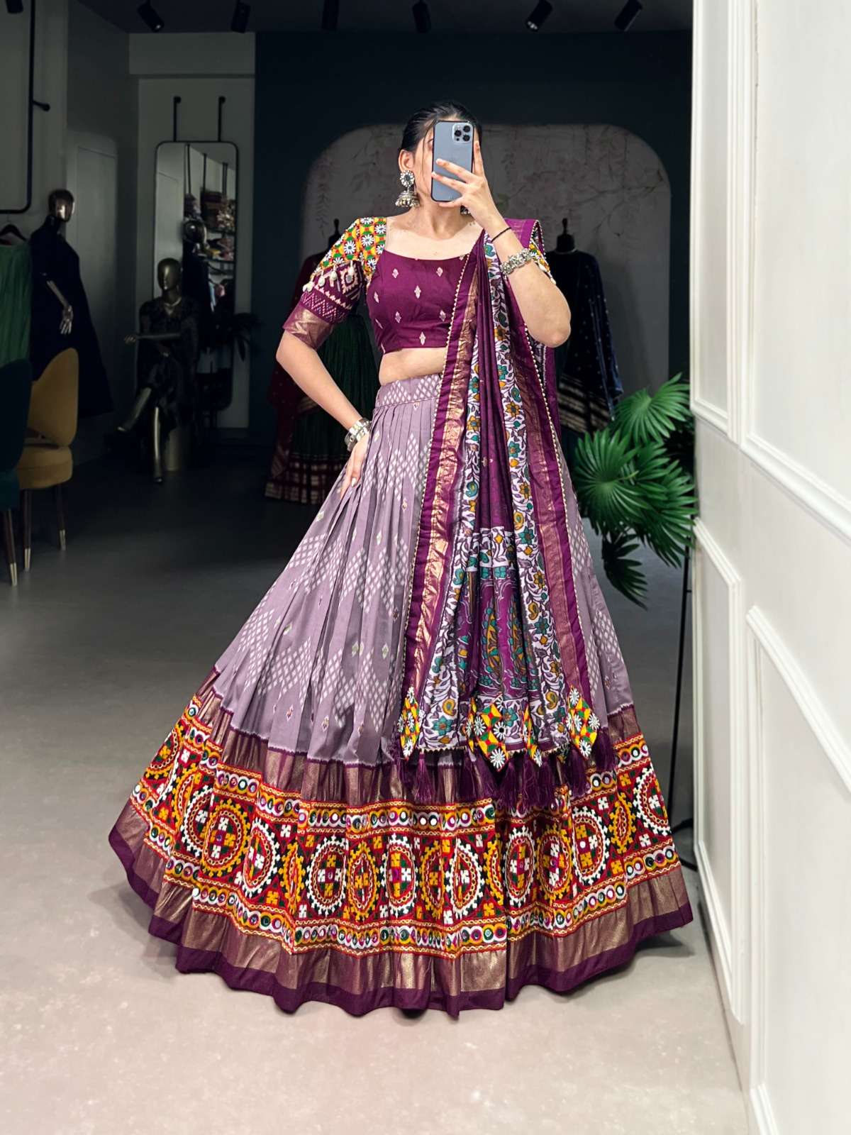 LNB1744WIN Tasar Silk Dot and Ikkat Print wholesale lehenga
