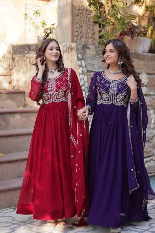 lw 9220 ethnic design readymade faux blooming georgette gown with dupatta