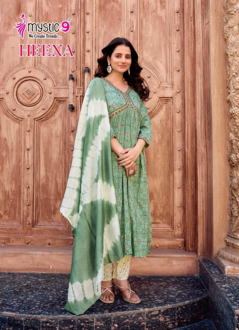 Mystic9 heena vol 7 series 7001-7008 rayon print wholesale suit