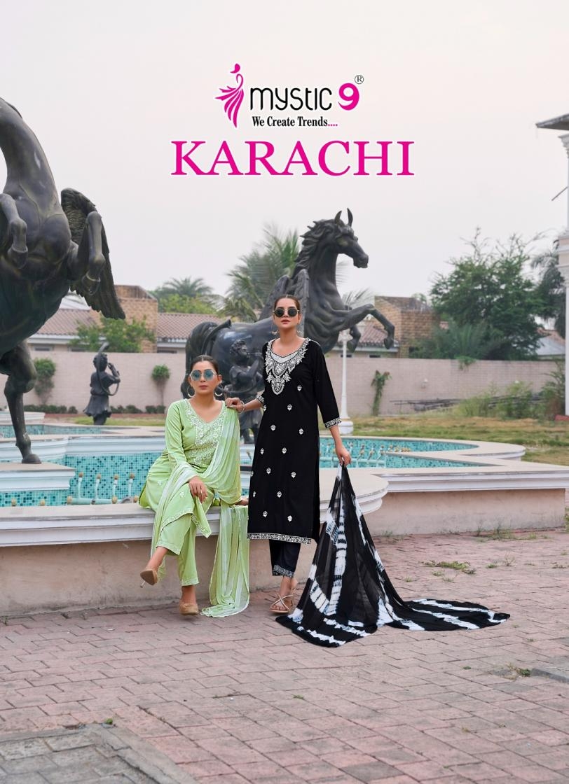 mystic9 karachi vol 6 series 6001-6008 heavy rayon wholesale suit 