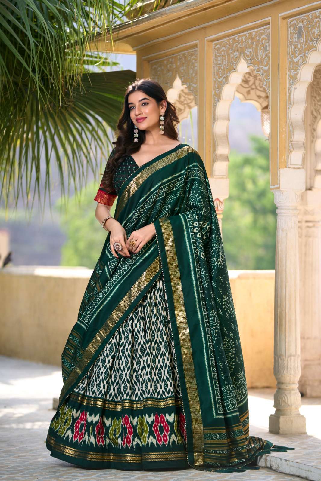 PRANAUTHI Tussar Silk Ikkat Print With Foil Work wholesale lehenga