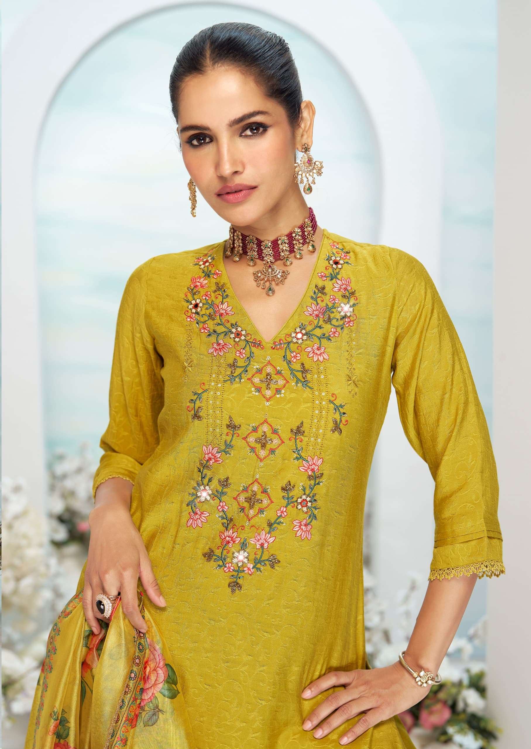 Premium 2025 Embroidery And Handwork On Self Jacquard Viscouse Silk whoelsale suit