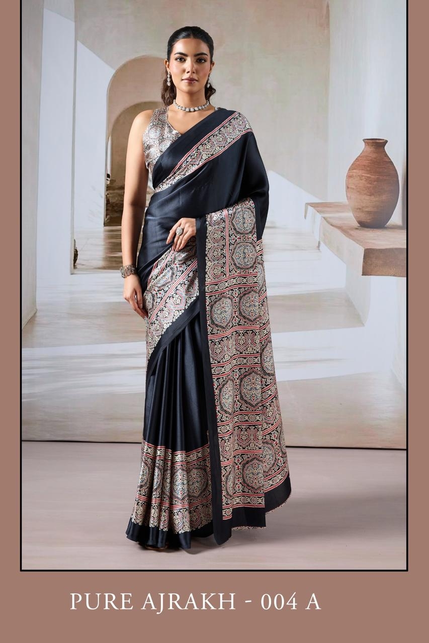 Rajtex Pure Ajrakh-004 Modal Satin Ajrakh Print wholesale Saree