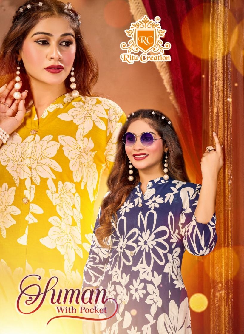 ritu creation suman series 101-106 rayon kurti with bottom