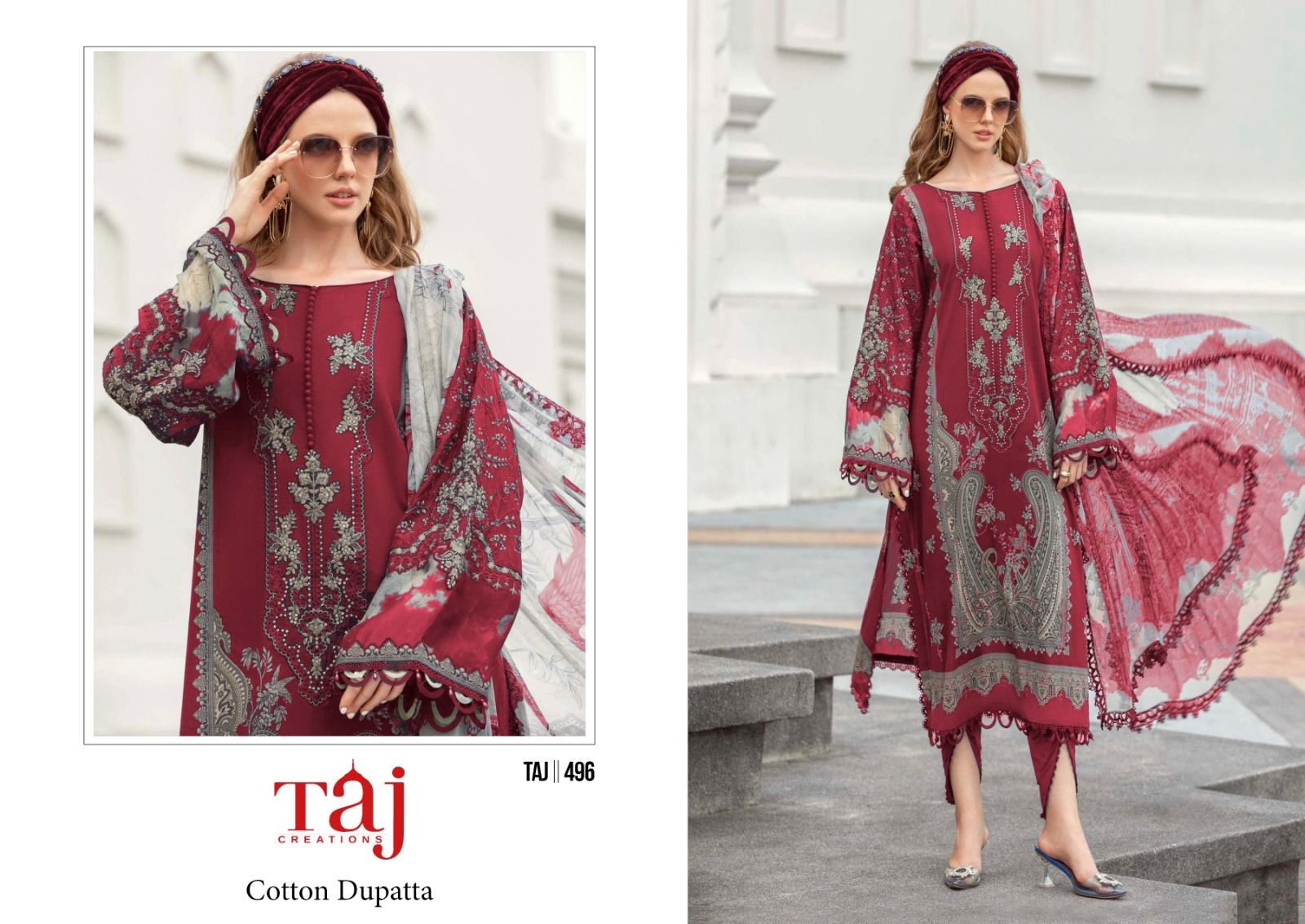 Taj Creations 496 Pure Cotton Print with heavy embroidery wholesale suit 