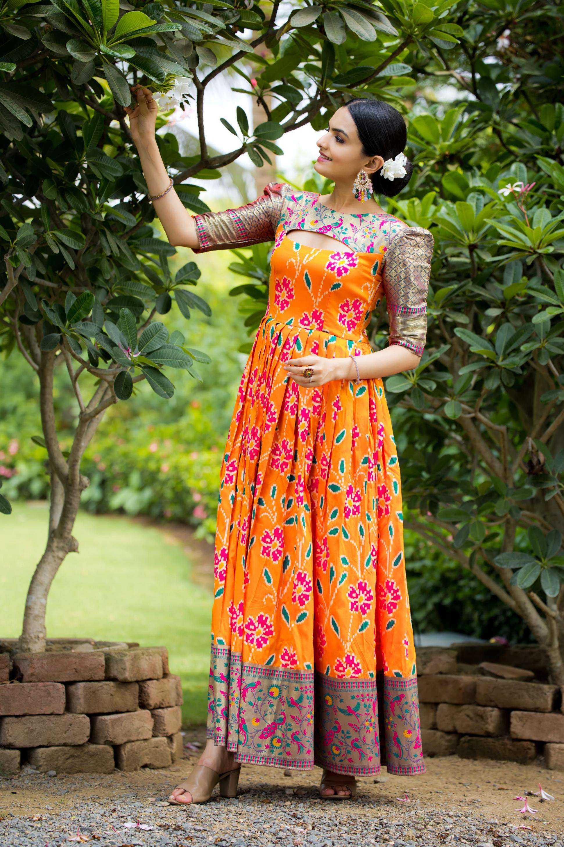 tanisha soft silk stylish readymade copper weaving big size anarkali gown