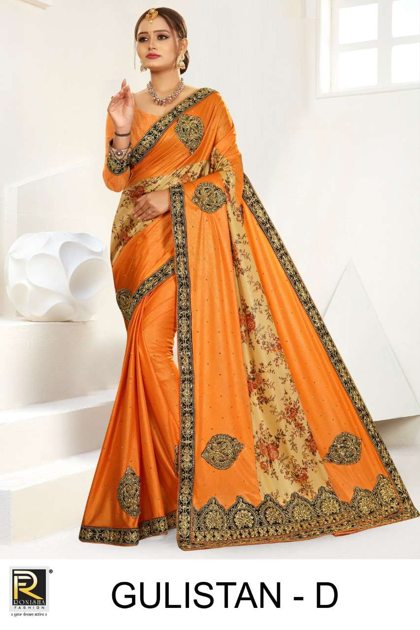 Fabulous Wedding Wear Orange Net Saree With Diamond And Moti Work For Women  - Fashion Mantra