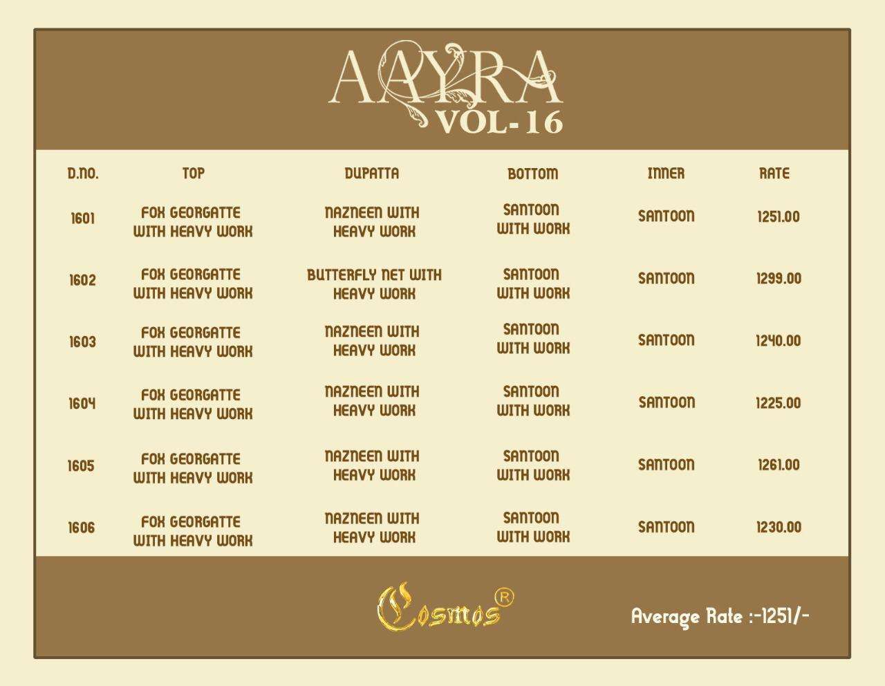 AAYRA VOL 16 BY COSMOS FASHION HEAVY WORK GEORGETTE DRESSES FOR WHOLESALE
