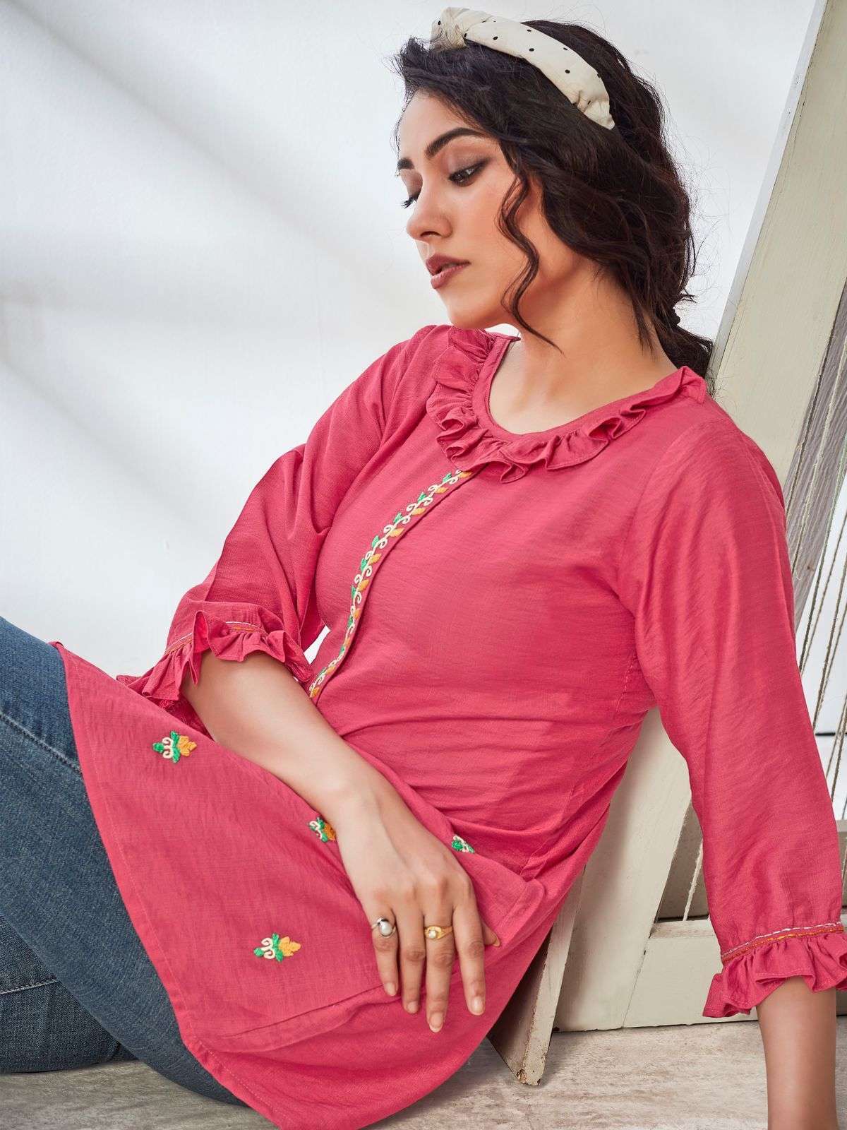 kurti times calista series 7001-7004 viscose fancy embroidery work short kurti