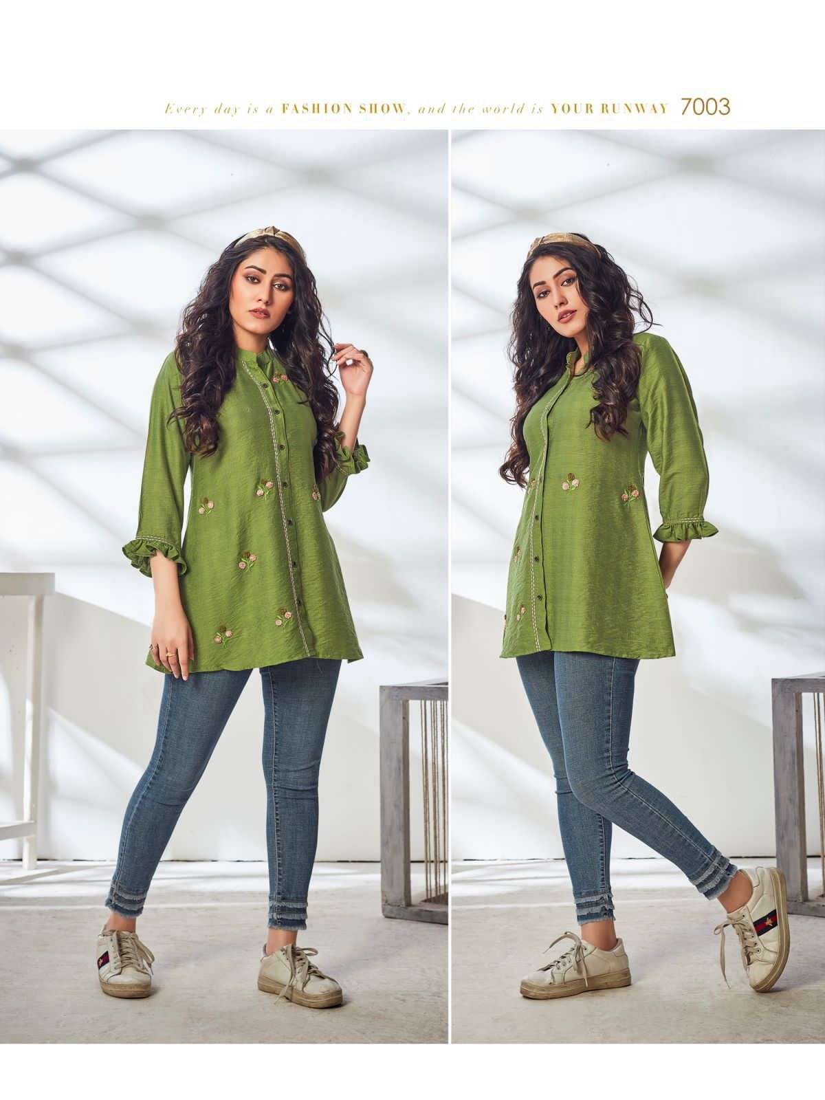 kurti times calista series 7001-7004 viscose fancy embroidery work short kurti