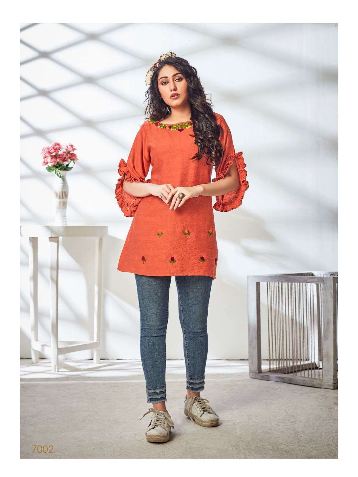 kurti times calista series 7001-7004 viscose fancy embroidery work short kurti