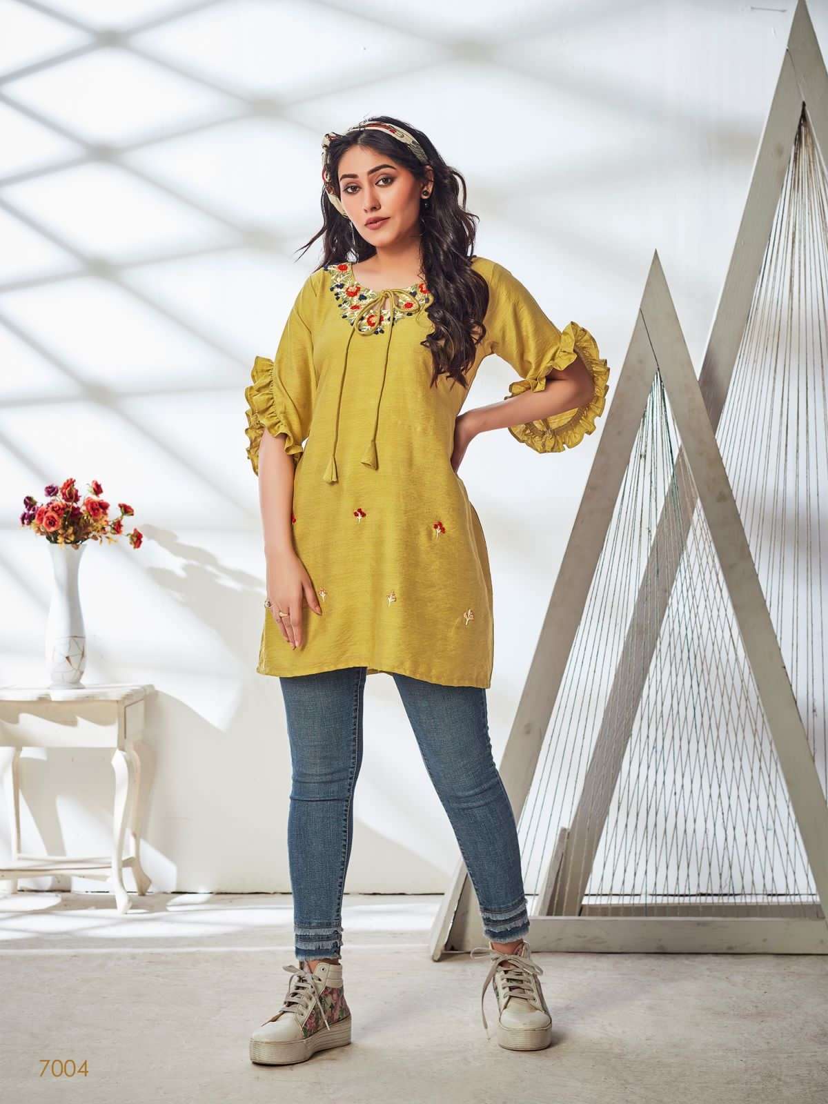 kurti times calista series 7001-7004 viscose fancy embroidery work short kurti