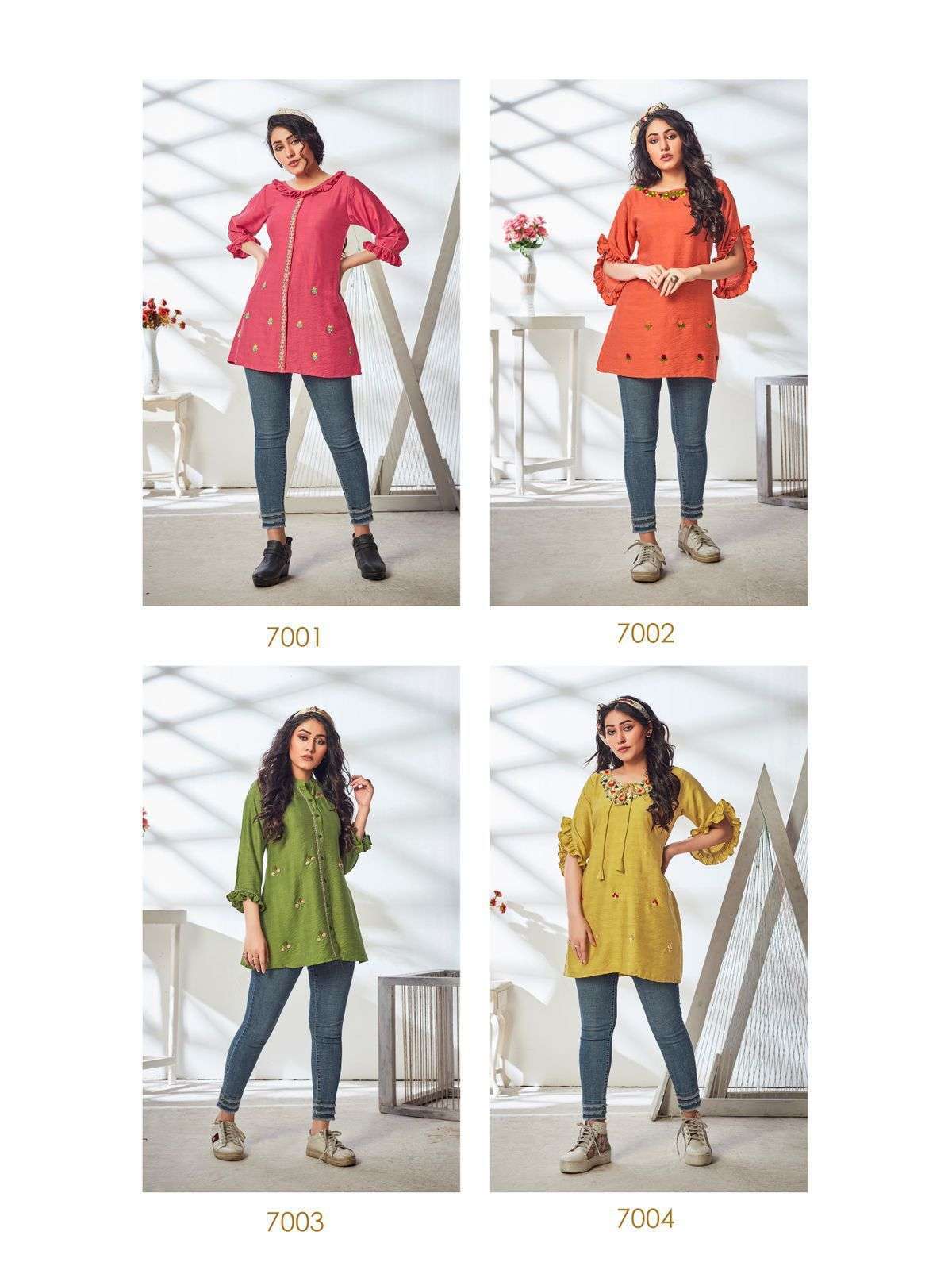 kurti times calista series 7001-7004 viscose fancy embroidery work short kurti
