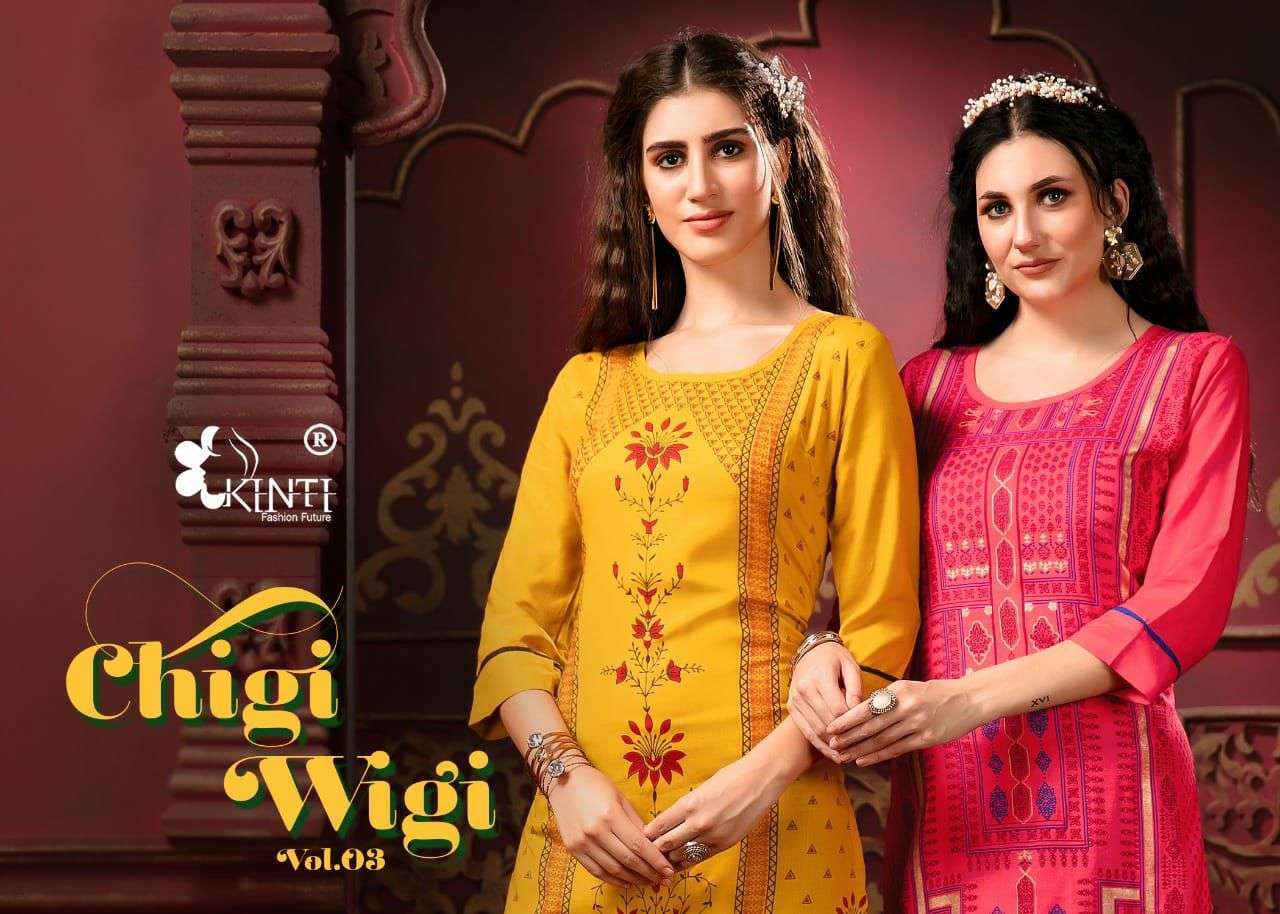 kinti chigi wigi 3 series 101-110 rayon slub multi color foil print kurti 