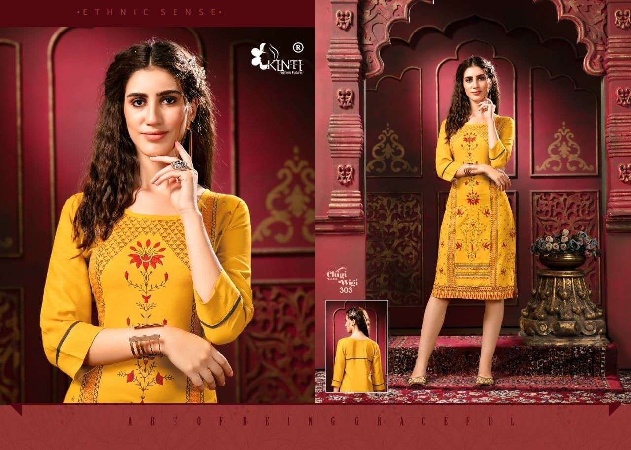 kinti chigi wigi 3 series 101-110 rayon slub multi color foil print kurti 