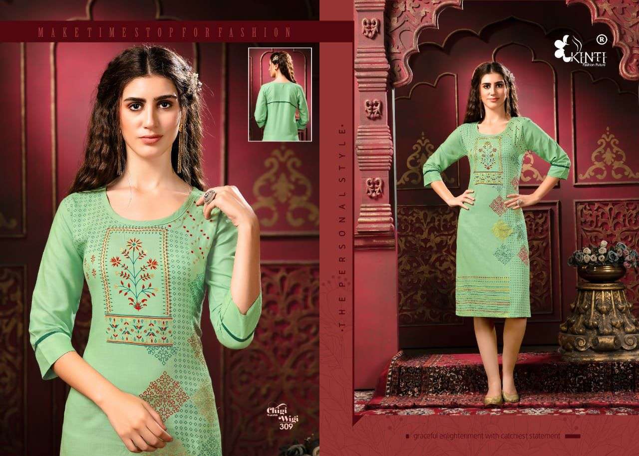 kinti chigi wigi 3 series 101-110 rayon slub multi color foil print kurti 