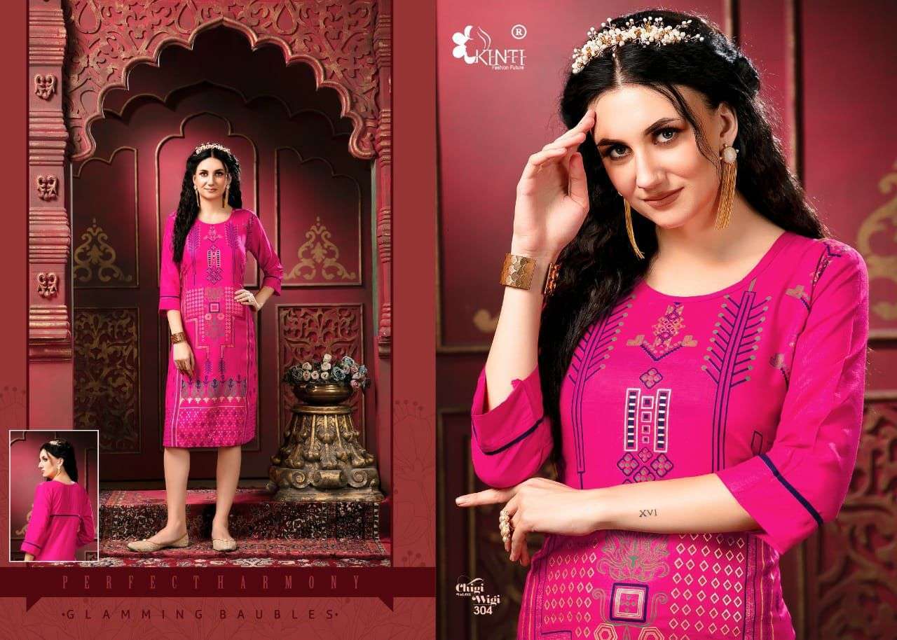 kinti chigi wigi 3 series 101-110 rayon slub multi color foil print kurti 