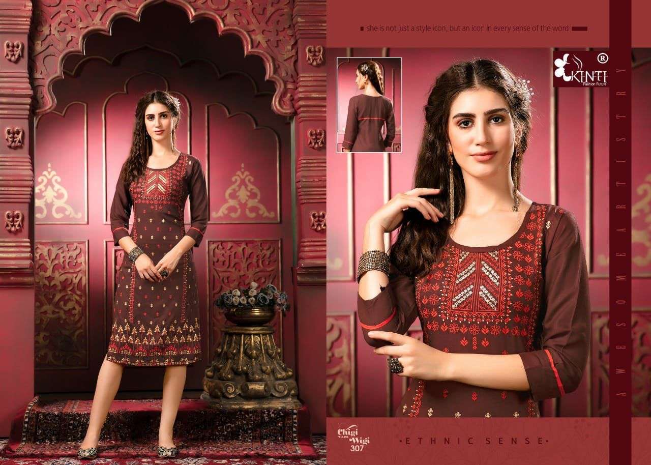 kinti chigi wigi 3 series 101-110 rayon slub multi color foil print kurti 