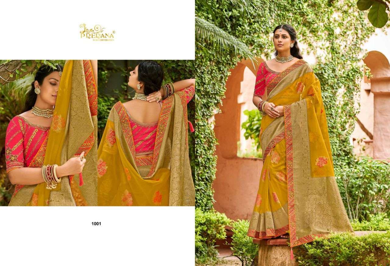 prerana silk coroporation series 1001-1009 organza jacquard saree