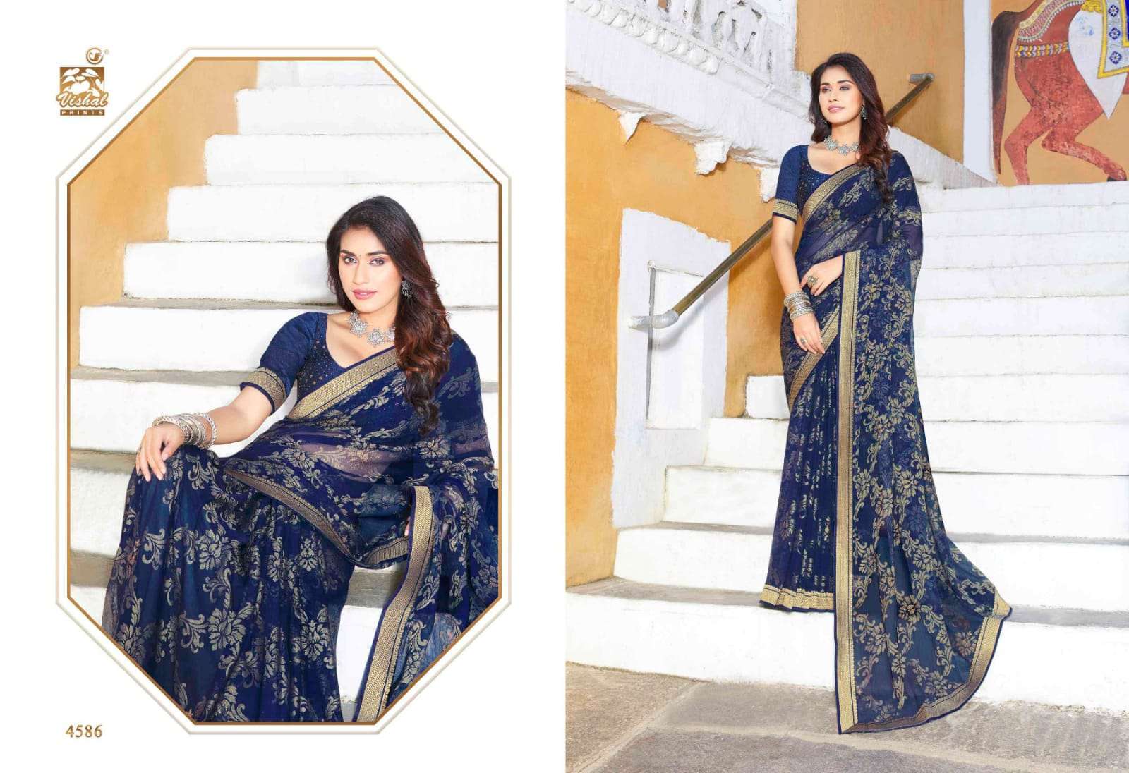 Vishal Prints Black And Yellow Printed Georgette Saree With Fancy Bord