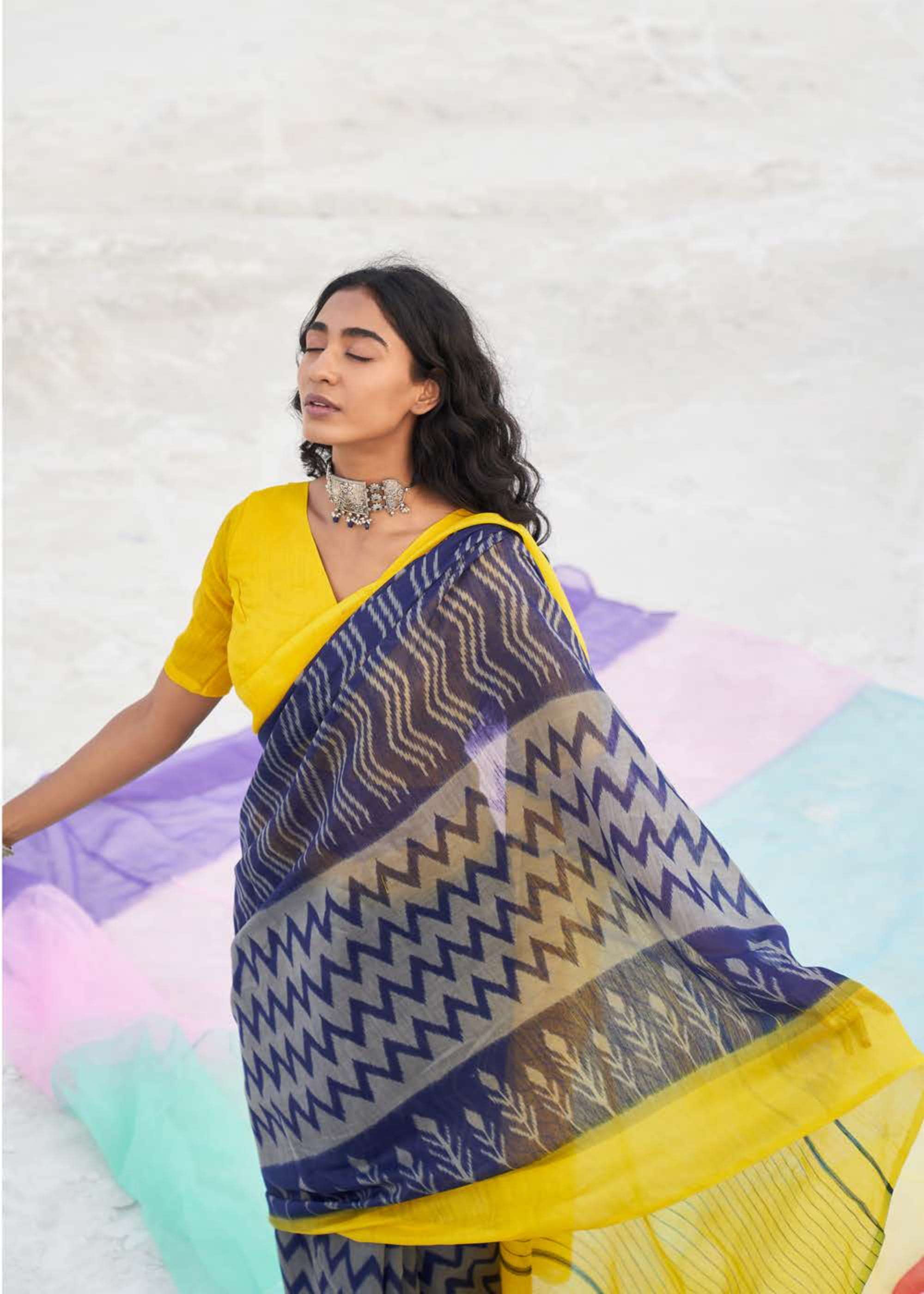 Lemon yellow and green linen ikkat weaving saree – Silk Ethnics