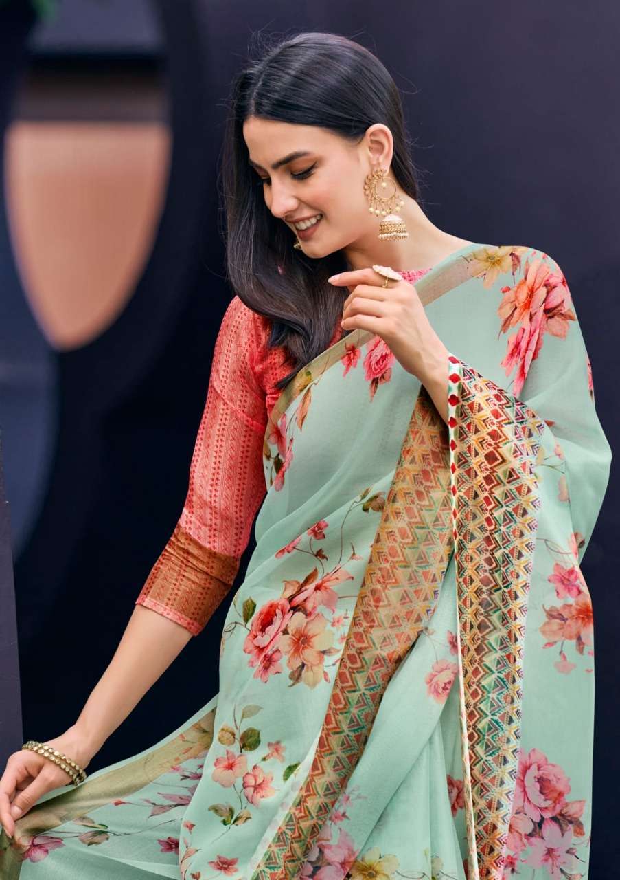 shangrila rosey orgenza vol 3 Digital floral Prints On Slub Organza saree